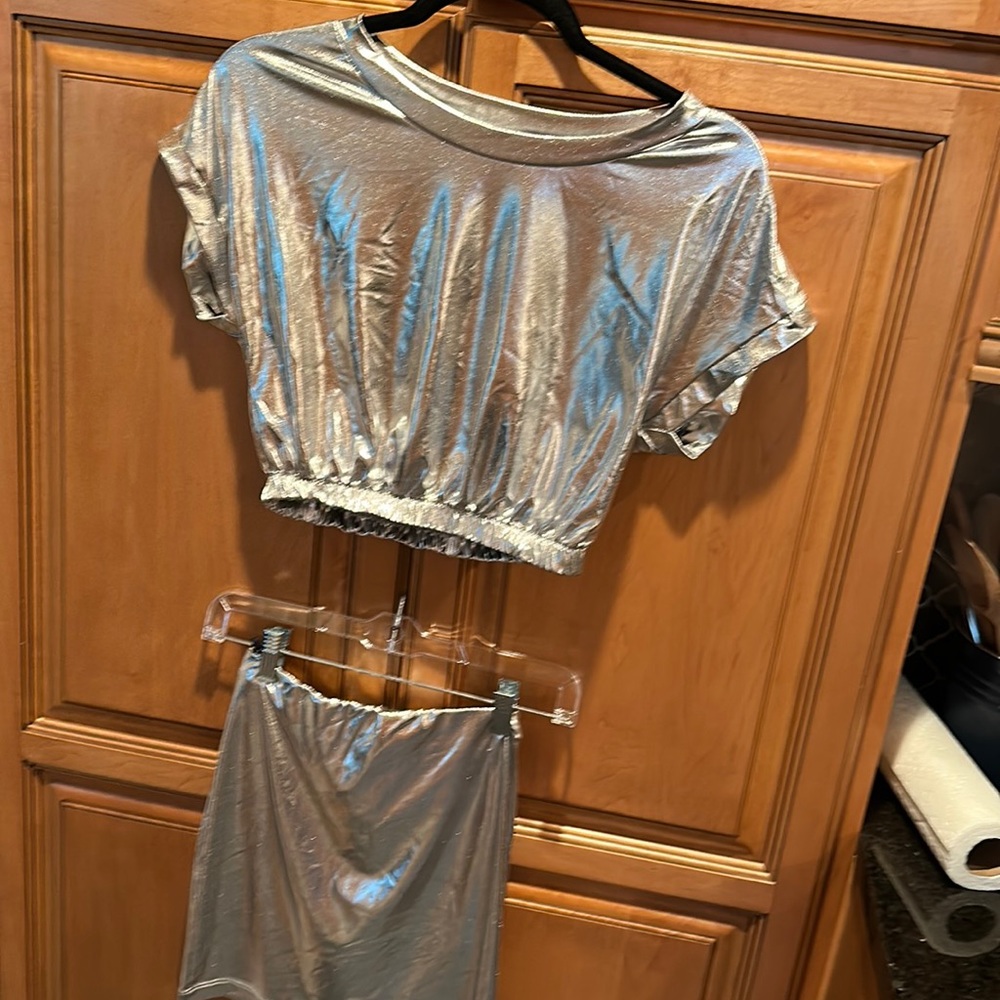 Silver shimmer crop top and mini skirt size small.  Worn once for Halloween.